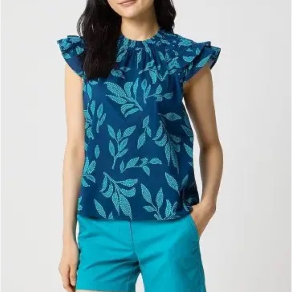 J. Crew Flutter Sleeve leaf print blue blouse 
Size M